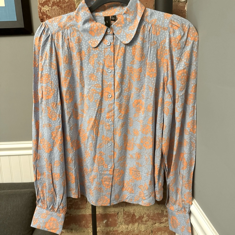 Y.A.S. Meggie Blouse Blue and Orange Button Down Size Small 100% Lenzing Ecovero